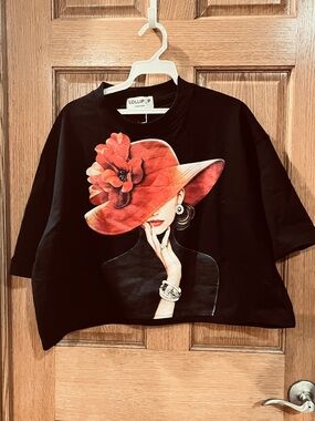 Lolli Black Crop Top with Red Floral Hat Graphic